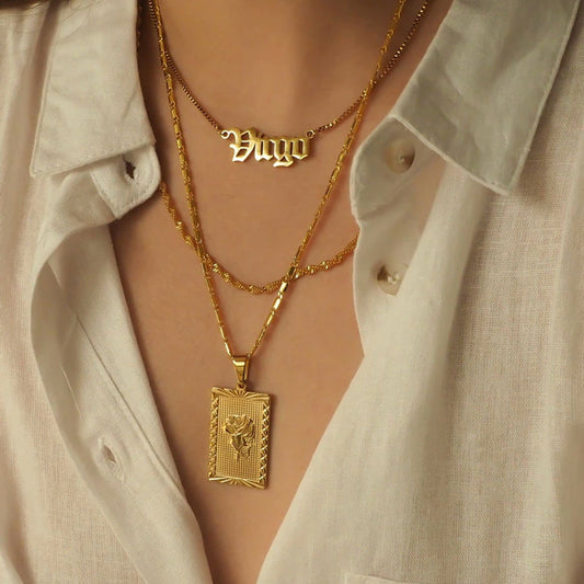 Square Rose Plate Pendant Necklaces